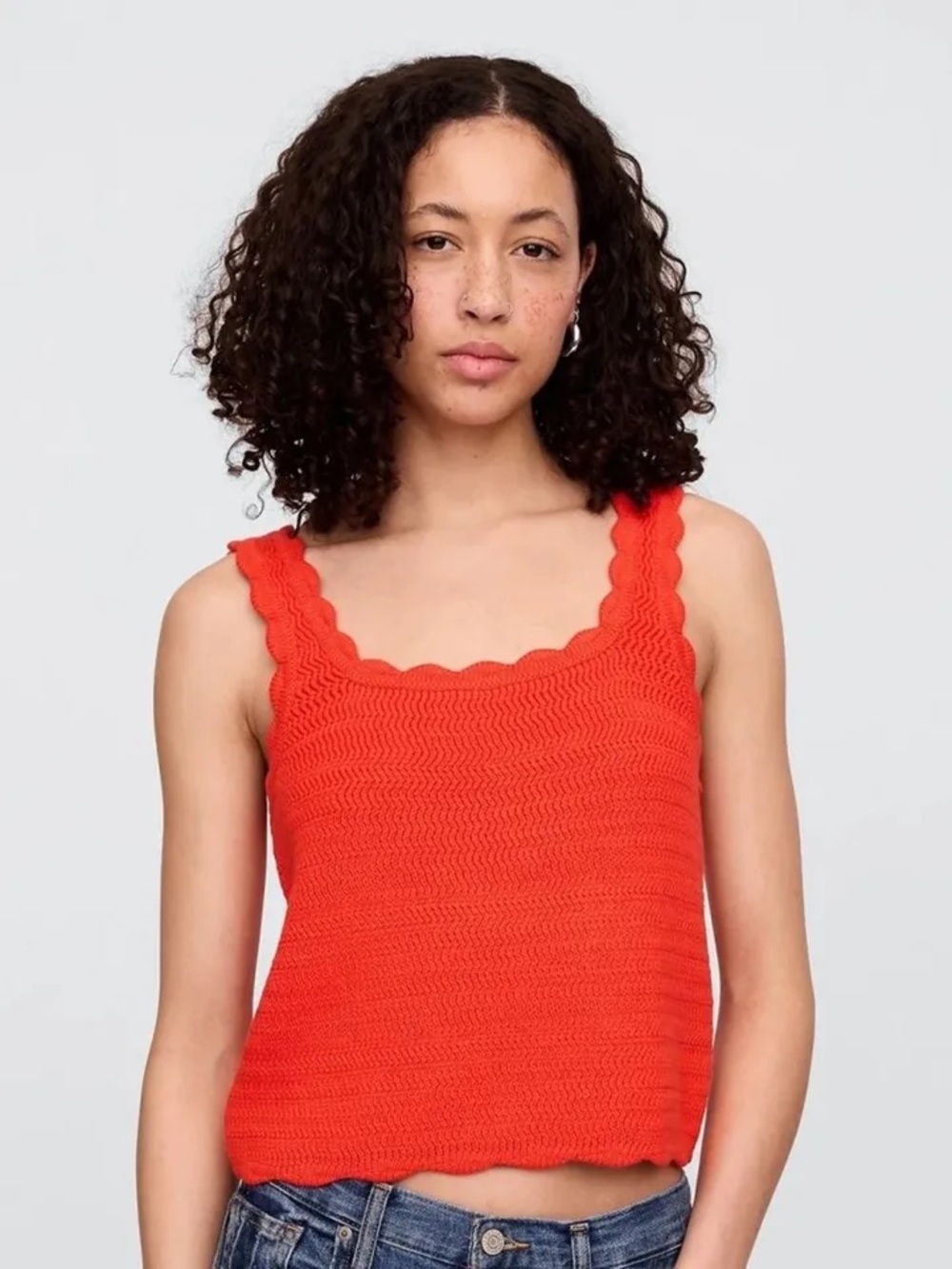 GAP Square Neck Scalloped Soft Knit Sweater Tank Top Poster Red M